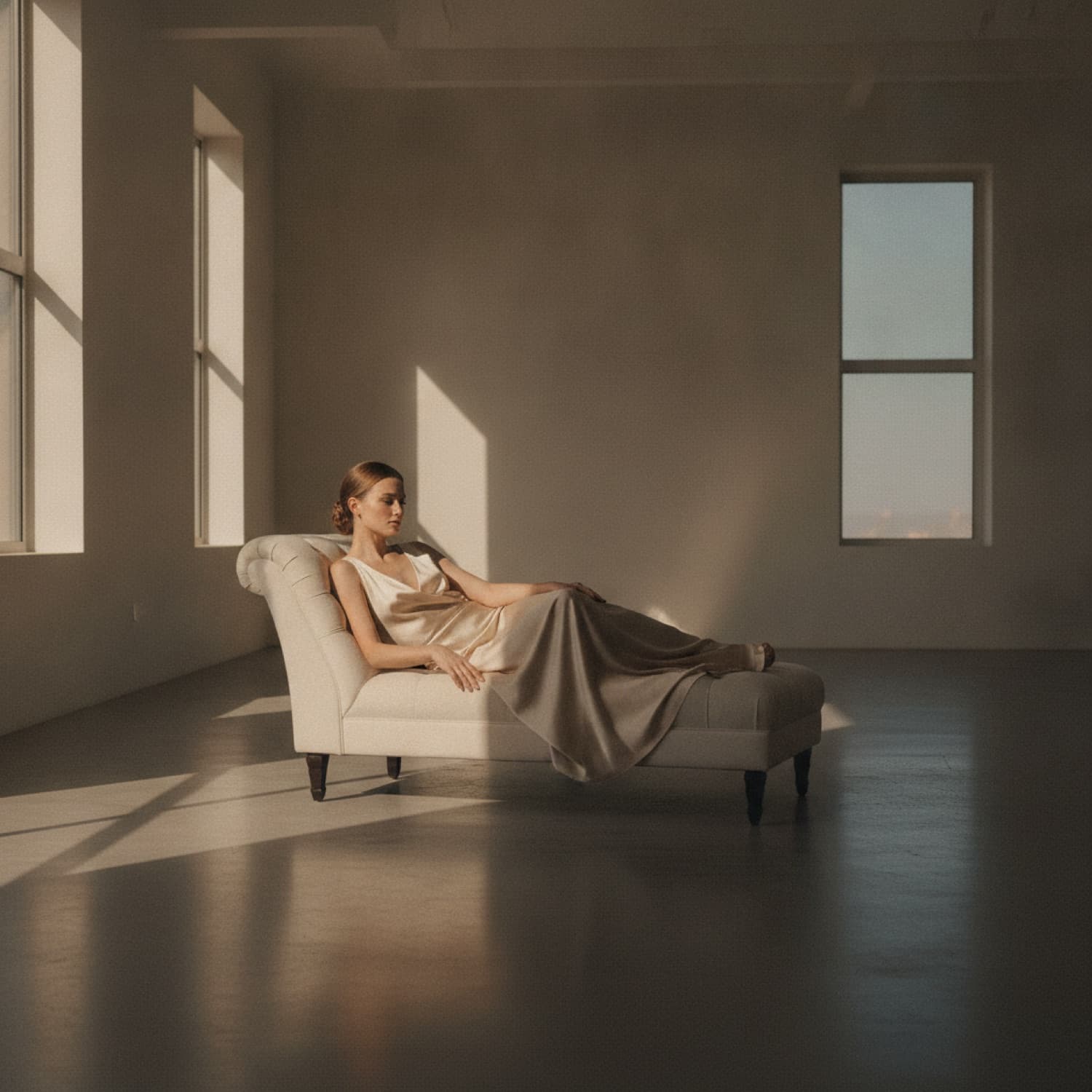 The Eclipse House — a model at dusk in an ivory room, the hour between day and dark